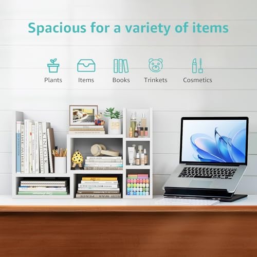 NUTIKAS Desk Shelves Desktop Organizer Shelf - White Office Organization for Top of Desk Organizers and Accessories Corner Bookshelf Table Top Shelving Small Hutch Decorations for Women Office
