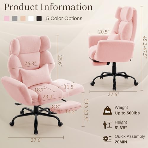 Office Chair with Flip Armrests,Big and Tall Office Chair with Foot Rest,Extra Wide Seat & Lumbar Pillow,Comfy Criss Cross Chair for Pets Sitting,Ergonomic Computer Gaming Chair,Teddy Fleece,Pink