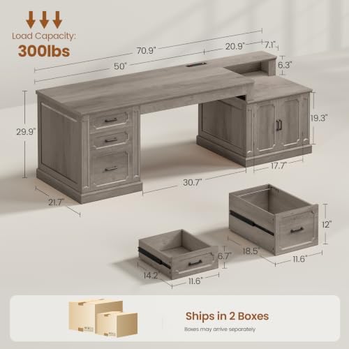 SEDETA Farmhouse 70.9" Executive Desk, Home Office Desk with File Drawers and Storage Cabinet, Computer Desk with Power Outlet for Home Office, Work Study Writing, Gray
