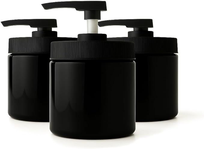 Royal Massage 16oz Refillable Pump Jar with Locking Dip Tube Dispenser – BPA-Free Plastic Container for Massage Oils, Lotions, Creams – Ribbed Lid Wide-Mouth Jar – Durable & Reusable (Black/Black, 3)
