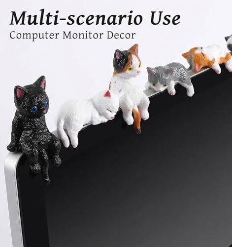 10 Pcs Cat Computer Monitor Decor, Mini Little Cats for Computer Monitor Resin Figurines, Cute Dashboard & Desk Decorations (3.9 x 2.3 in)