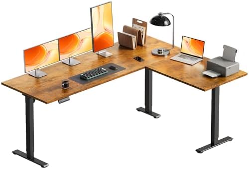OffiGo 63 Inch Reversible L Shaped Electric Standing Desk, Rustic Brown