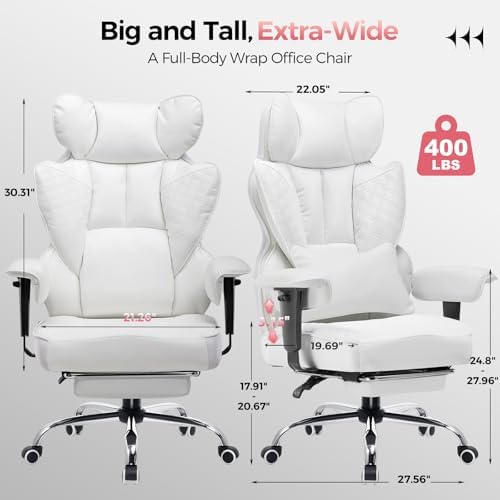 COMHOMA Big and Tall Office Chair Heavy Duty Wide Ergonomic Gaming Chair with Deluxe Embossing Designed Leather with Foot Rest,150°Reclining Adjustable Armrests Pocket Spring Back Support and Pillow