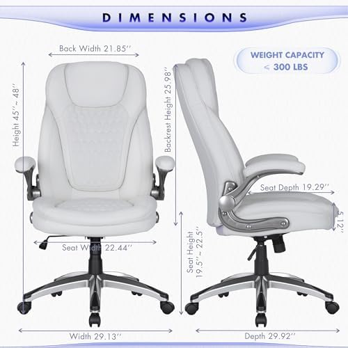 COLAMY Executive Office Chair-Ergonomic Computer Desk Chair, High Back Leather Chair with Padded Flip-up Arms, Swivel Home Office Chair Upgraded Caster, White