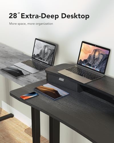 HUANUO 48″ x 28″ Electric Standing Desk with 2 Drawers, C-Clamp Mount Compatible, Height Adjustable Computer Desk, Home Office Stand Up Desk with 4 Preset Heights & 2 Hooks, Black
