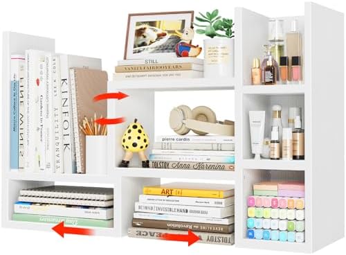 NUTIKAS Desk Shelves Desktop Organizer Shelf - White Office Organization for Top of Desk Organizers and Accessories Corner Bookshelf Table Top Shelving Small Hutch Decorations for Women Office