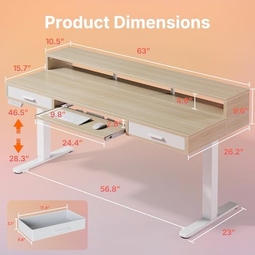 HUANUO 63″ x 26″ Electric Standing Desk with 2 Drawers &24.4″ Large Keyboard Tray, C-Clamp Mount Compatible, Adjustable Computer Desk for Office, Sit Stand Up Desk with 4 Height Presets, Light Walnut