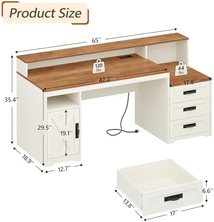 65" Farmhouse Computer Desk with Drawers and Printer Stand for Home Office