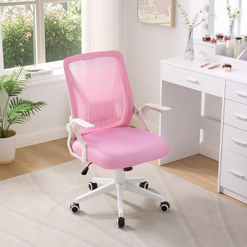 VECELO Mid-Back Swivel Ergonomic Office Chair with Adjustable Arms Mesh Lumbar Support for Computer Task Work, Pink