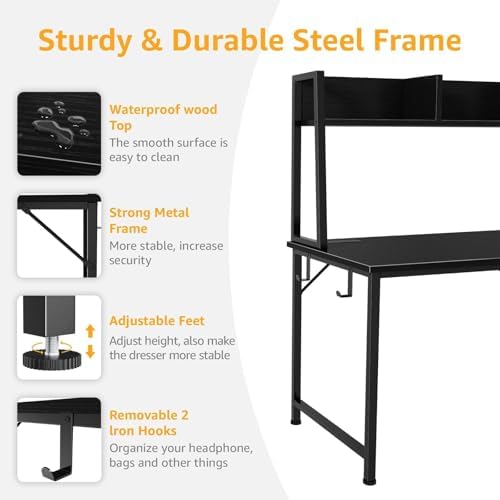 DLisiting Black Computer Desk with Hutch & Drawers - Office Desk with 3 Storage Drawers and Power Outlets, 47 Inch Modern Study Writing Desk for Bedroom Home Office