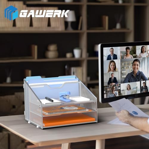 GAWERK Letter Tray Organizer, Mesh Desk File Organizer with 3 Paper Trays and 2 Vertical Upright Section (Silver)