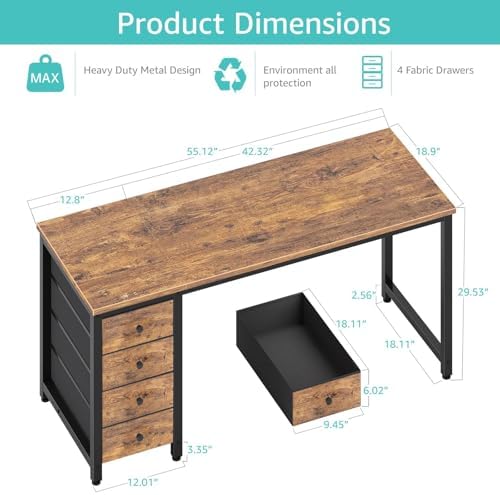 Lufeiya Computer Desk with Drawers - 55 Inch Long Study Work Writing Desk for Home Office Bedroom, Reversible Simple Modern Cute PC Desks with Fabric Drawer, Rustic Brown