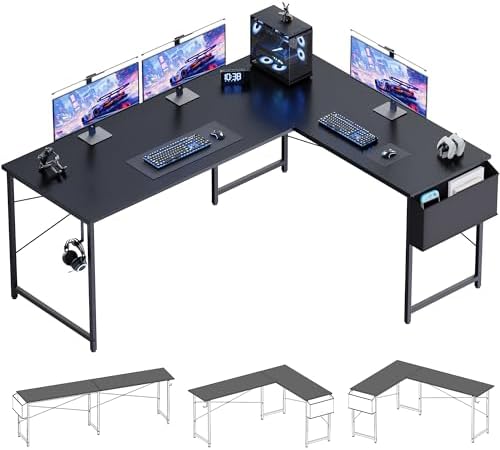 Pamray 64.5 Inch Reversible L Shaped Gaming Desk Large Corner Computer Desk with Storage Bag Home Office Table for Writing Study Black