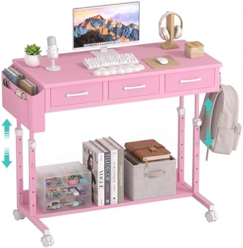 Pink Rolling Desk with Drawers, 40" Height Adjustable Girls Standing Desk