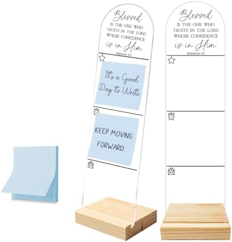 Sticky Note Holder, Monitor Memo Board, Message Board, Acrylic Desk Organizer with Wooden Base with 100Pcs Notes Blessed is The One Who Trusts in The Lord Jeremiah 17:7 Quote