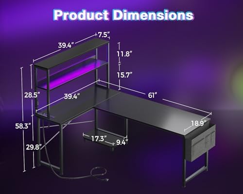 AODK L Shaped Desk Gaming Desk with LED Light & Power Outlet