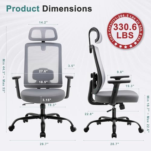 Shintenchi Mesh Office Chair, Ergonomic Home Office Desk Chair with Adjustable Lumbar Support, Headrest, 90°-135° Tilt, Computer Chair for Home Office, Gray Task Chair