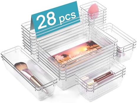 Vtopmart 28 Pack Clear Drawer Organizer Bins, 4 Sizes Storage Trays