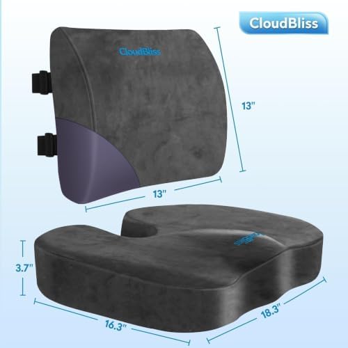 CloudBliss Ergonomic Seat Cushion & Lumbar Support Pillow Set, Grey, XL