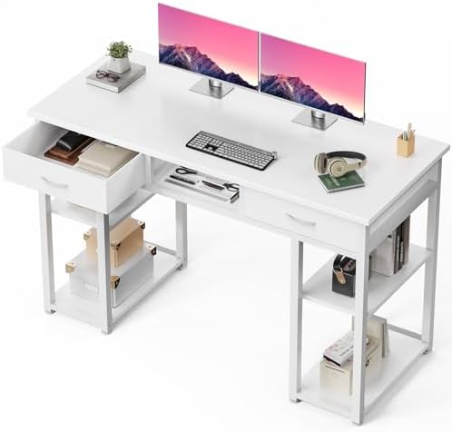 DUMOS 48-Inch Computer Desk with Drawers and Hook, White