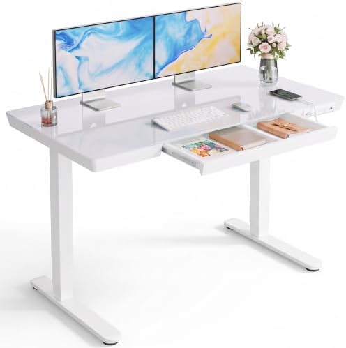 Marsail Glass Standing Desk with Drawer, 48 x 24 inch Electric Standing Desk, Height Adjustable Desk with One-Piece Tabletop & USB Charging Ports, Sit Stand Desk with Storage for Home & Office White