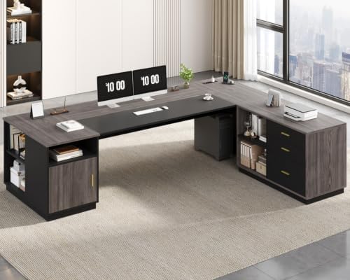 UPOSOJA 78.7" L Shaped Executive Desk with Lateral File Cabinet, Extra Large Office Desk with Drawers & Power Outlets, Modern Corner Computer Desk with Storage Shelves, Business Furniture, Grey