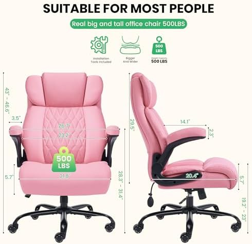 500lbs Big and Tall Office Chair Adjustable Lumbar Support for Back Pain, Extra Wide Seat Executive Office Chair Thick Armrest Pad, Heavy Duty Base&Upgraded Wheels, Ergonomic Desk Chair