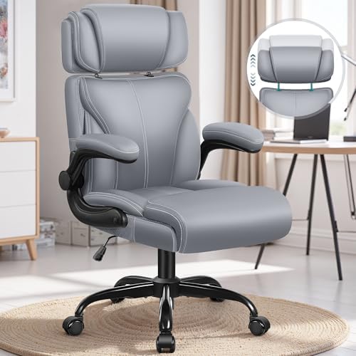 Office Chair, Ergonomic Big and Tall Computer Desk Chair with Retractable Adjustable Headrest, Executive Breathable Leather Chair, Lumbar Support Swivel Flip-up Armrests Rocking Function,Matte Gray