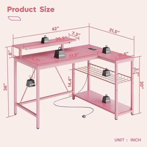Bestier 42-Inch Pink L-Shaped Gaming Desk with Charging & LED