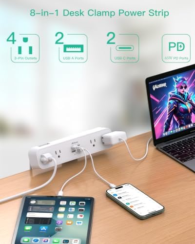 Mifaso PD65W Desk Clamp Power Strip, 1080J Surge Protector, 2 USB C