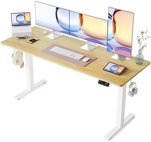 YIHAYO Electric Standing Desk, 63 x 24 Inches Stand Up Desk with Splice Board, Adjustable Height Desk, Computer Desk for Home Office, White Frame/Natural Top