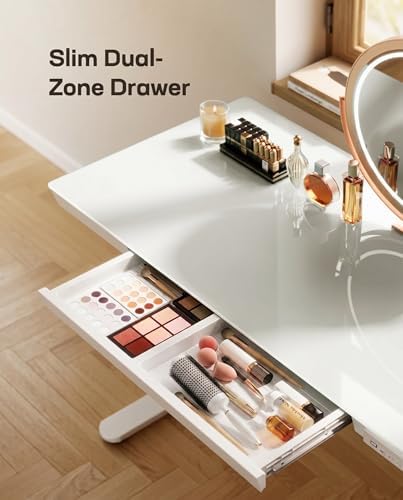 Marsail 47.24 inch Glass Standing Desk with 2-Zone Drawer Storage, White