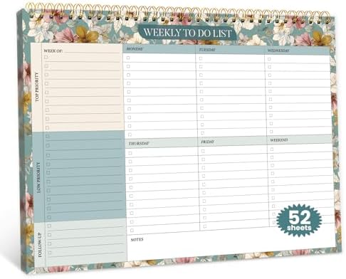Weekly To Do List Notepad with 52 Undated Sheets（8.5"×11"）- Undated Weekly Planner Notepad for Office Desk Accessories and Supplies - Teal Petals