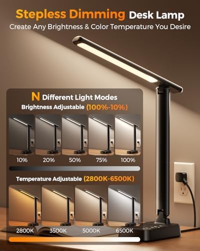 Airlonv LED Desk Lamp for Office Home, Power Strip with 3 Outlets 4 USB Charging Ports(2 USBC), 4 Modes 5 Level Brightness Desk Light, Small Desk Lamp for College Dorm Room Essentials