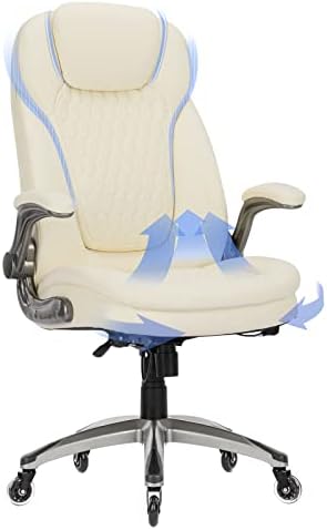 COLAMY Ergonomic High Back Office Chair, Ivory Bonded Leather Executive Desk Chair with Flip-up Arms, Thick Cushion, Silent Nylon Wheels, Adjustable Height & Rocking Function, 300lbs Capacity