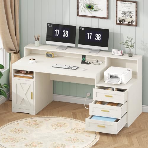 TVU 65" White Computer Desk with Drawers and Printer Stand for Home Office