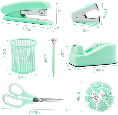 Green Desk Accessories, Green Office Supplies, Stapler, Staple Remover, Tape Holder, Pen Holder, Ballpoint Pen, Scissor, Binder Clips, Paper Clips and 1000pcs Staples.