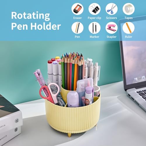 Marbrasse Desk Organizer, 360-Degree Rotating Pen Holder, Desk Organizers and Accessories with 5 Compartments Pencil Holder, Art Supply Storage Box Caddy for Office, Home (Yellow)