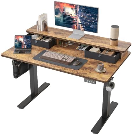 TIQLAB 40 * 24 inch Standing Desk with Two Drawers&Top Shelf, Rustic Brown