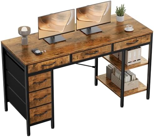 OLIXIS 55 Inch Computer Desk with 6 Fabric Drawers, for Home Office Work