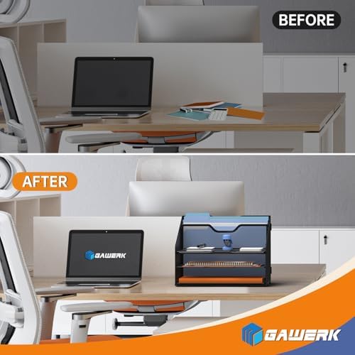 GAWERK Letter Tray Organizer, Mesh Desk File Organizer with 3 Paper Trays and 2 Vertical Upright Section (Silver)
