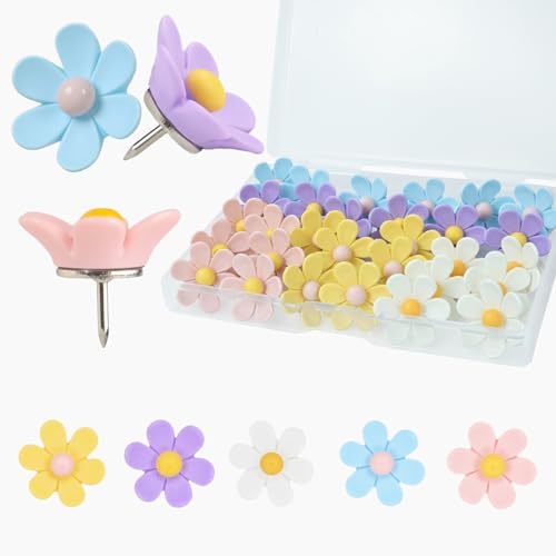 30 Pcs Flowers Push Pins Decorative Thumb Tacks in 5 Colors Cute Office Decor for Cork Board Bulletin Board, Photos Wall Maps and Other Offices Schools Supplies Christmas Decoration