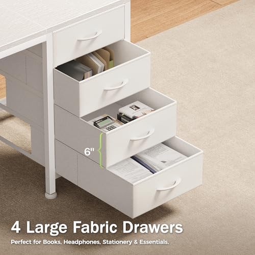 PRAISUN 63 Inch Computer Office Desk with Power Outelts and USB-C Port, Reversible Gaming Desk with 4 Fabric Drawers, Work Study Desk Work from Home, White