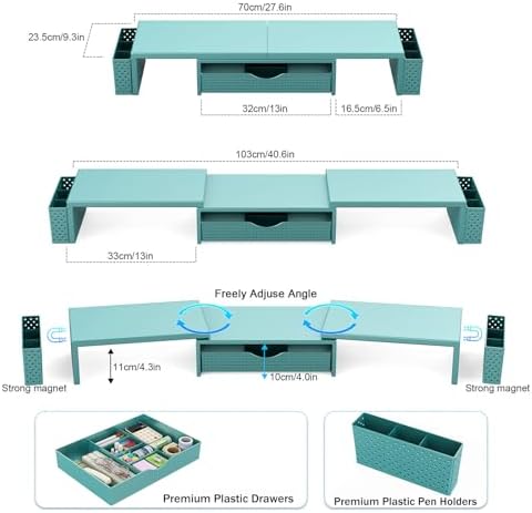 Spacrea Metal Desk Organizers and Accessories, Dual Monitor Stand Riser with Drawer and 2 Pen Holders, Desk Accessories & Workspace Desktop Organizers for Office Supplies (Blue)