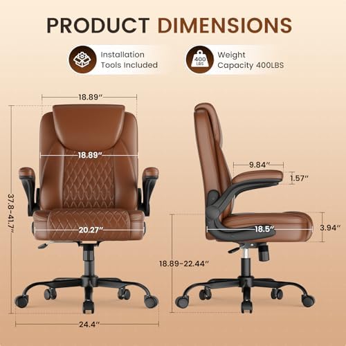GTPLAYER PU Leather Office Chair, Home Desk Chair with Flip-up Arms, Brown