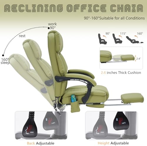 Massage Office Chair with Foot Rest 6 Points Vibration and Heat Home Office Desk Chairs for Heavy People 400lbs Reclining Managerial Chairs Ergonomic Executive Chair (Green)