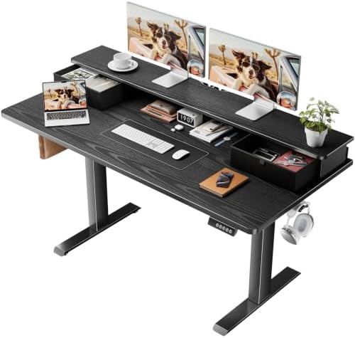 Veken 55x26 in Electric Standing Desk with Drawers, Adjustable Table, Black