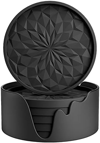 ME.FAN Silicone Coasters with Holder,[6 Pack] Drinking Coasters - Cup Mat for Hot or Cold Drinks, Thickened, Non-Slip, Non-Stick,Deep Tray Black