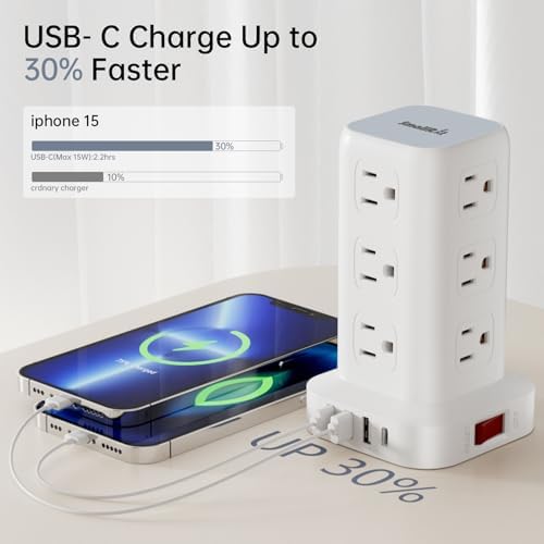 Extension Cord with Multiple Outlets, SMALLRT Flat Plug Power Strip Tower, Outlet Extender with USB 12 AC Outlets, 10FT Ultra Thin Extension Cord for Home Office, Overload Protection