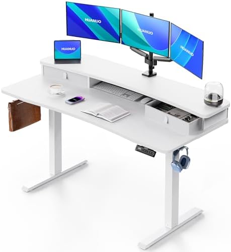 HUANUO 55″ x 26″ Electric Standing Desk with 2 Drawers, C-Clamp Mount Compatible, Height Adjustable Computer Desk, Home Office Stand Up Desk with 4 Preset Heights & 2 Hooks, White